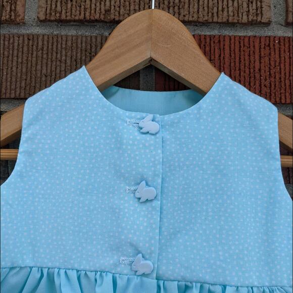 6-12 Months Vintage Baby Girl Smocked Blue  Dress, Bunny Buttons, 1980-90s - Picture 4 of 7